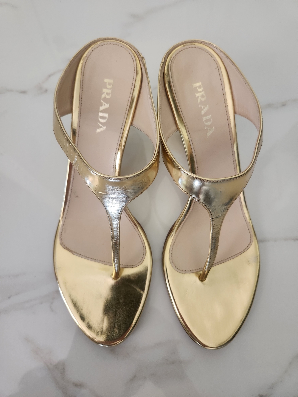 Prada Gold Metallic Thong Sandals - Women's Designer Heels